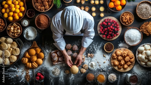 An overhead shot of a pastry chef surrounded by an array of colorful ingredients