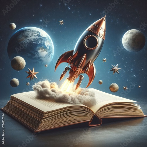 A rocket flying over a book.
