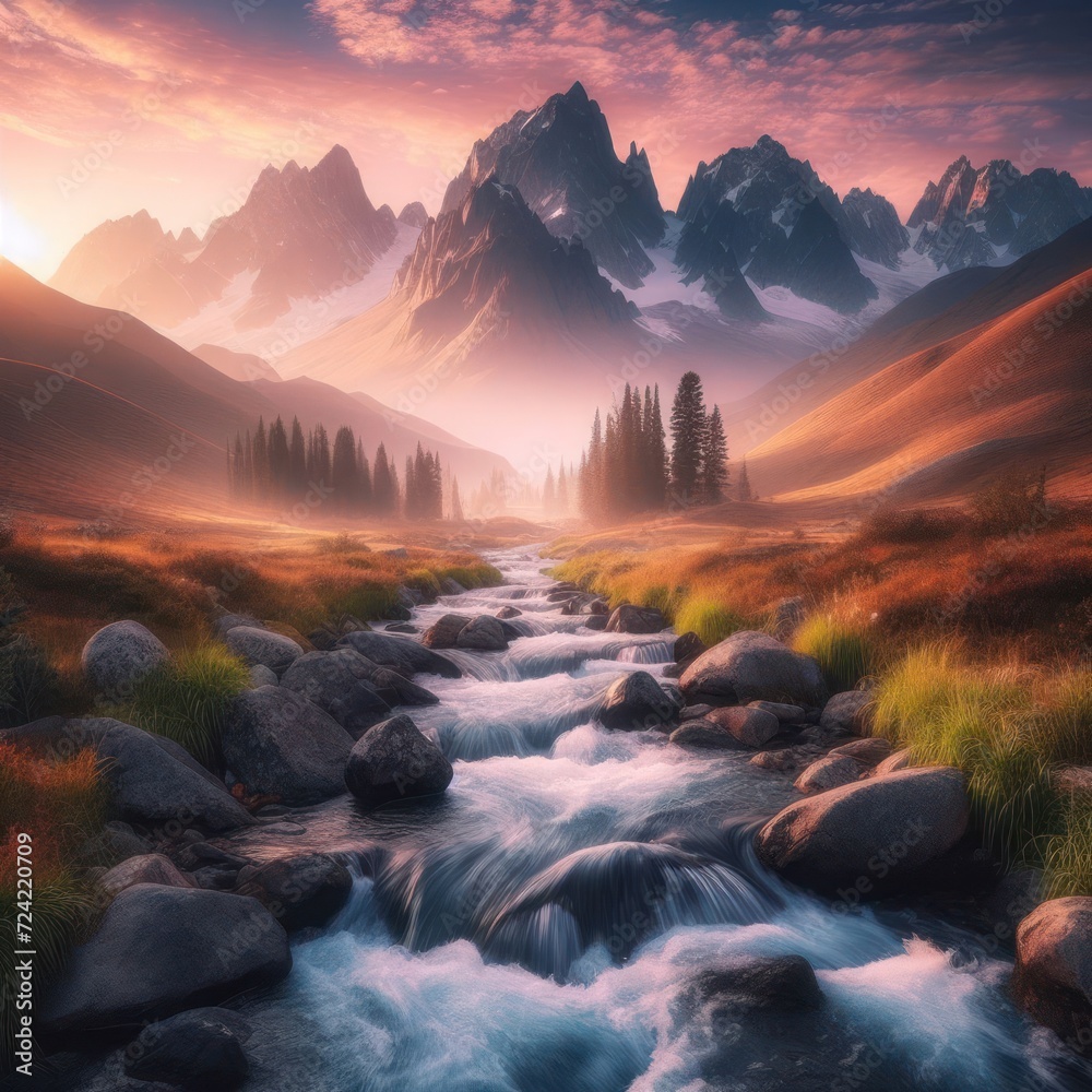 Flowing stream on the background of mountains during sunset.