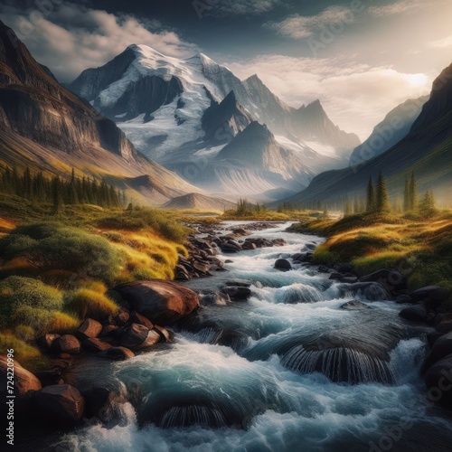 Flowing river on the background of mountains.