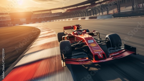 Formula 1 car at high speed on a speed track in a race, competition in a beautiful sunset in high resolution and quality. concept real racing cars, competitions