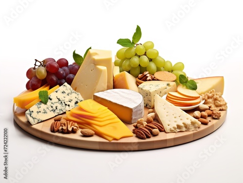 Gourmet Cheese Platter Fruits Nuts Delicacy Isolated on White Background AI Generated