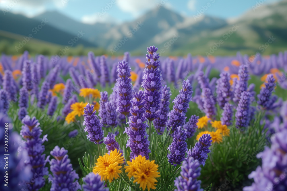 Obraz premium A field of lavender in full bloom, releasing its soothing fragrance into the air and evoking a sense of calm and relaxation. Concept of aromatic tranquility. Generative Ai.