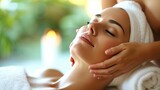 beautifil woman receiving facial massage and relaxing at spa