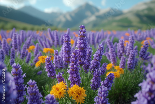 A field of lavender in full bloom  releasing its soothing fragrance into the air and evoking a sense of calm and relaxation. Concept of aromatic tranquility. Generative Ai.