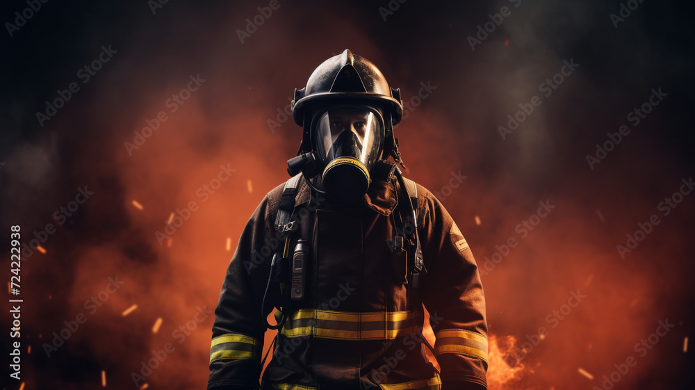 Firefighter or firemen walking out from the burning building. Disaster and flames. Heroic photograph about firefighter. Firefighter or firemen walking out from the burning building. Disaster and flames. Heroic photograph about firefighter.