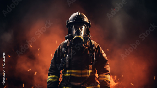 Firefighter or firemen walking out from the burning building. Disaster and flames. Heroic photograph about firefighter.