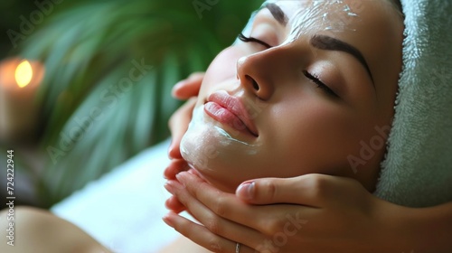 beautifil woman receiving facial massage and relaxing at spa