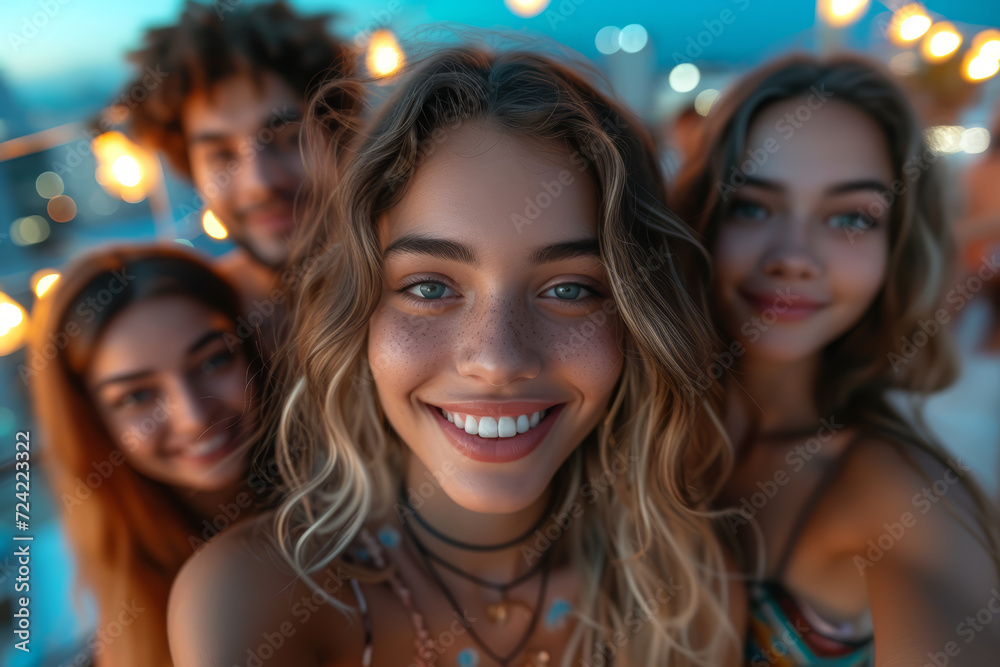 A selfie of friends at a rooftop bar, against a backdrop of city lights, encapsulating the energy and vibrancy of urban nightlife. Concept of city socializing. Generative Ai. A selfie of friends at a rooftop bar, against a backdrop of city lights, encapsulating the energy and vibrancy of urban nightlife. Concept of city socializing. Generative Ai.