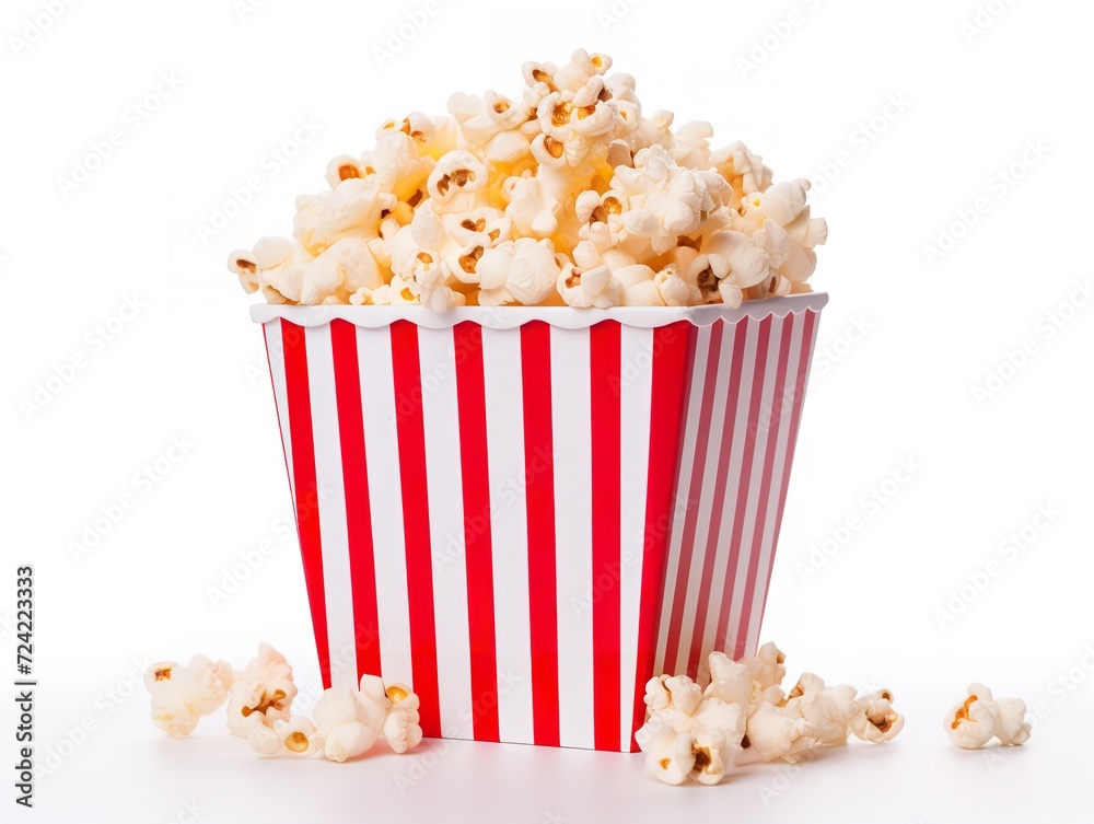 Red White Paper Popcorn Bucket Cinema Snack Isolated on White Background AI Generated Red White Paper Popcorn Bucket Cinema Snack Isolated on White Background AI Generated