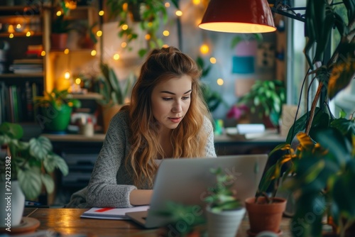 attractive young woman sitting at her desk with a laptop and a plant in her hand