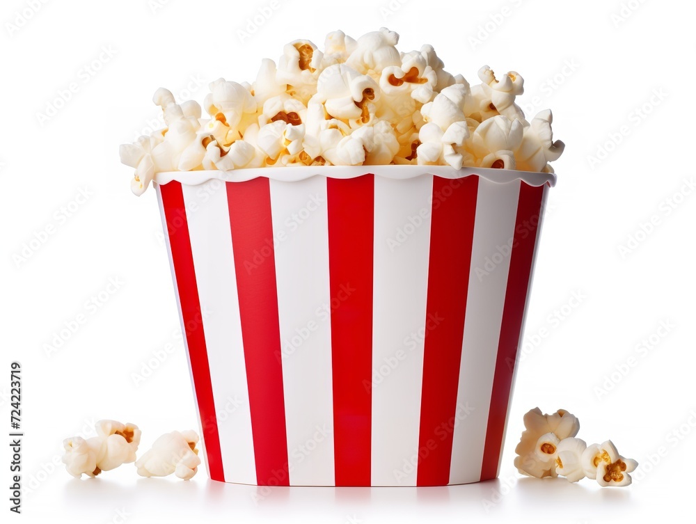 Red White Paper Popcorn Bucket Cinema Snack Isolated on White Background AI Generated Red White Paper Popcorn Bucket Cinema Snack Isolated on White Background AI Generated
