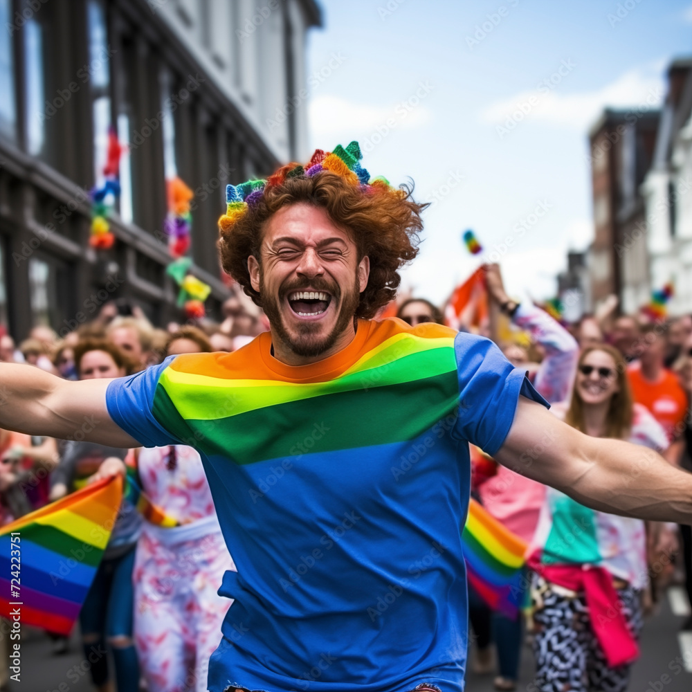Enthusiastic young friends from LGBT community celebrating gay pride day festival. Group of diverse cheerful and joyful people having fun together dancing and singing. Generation Z and social events.