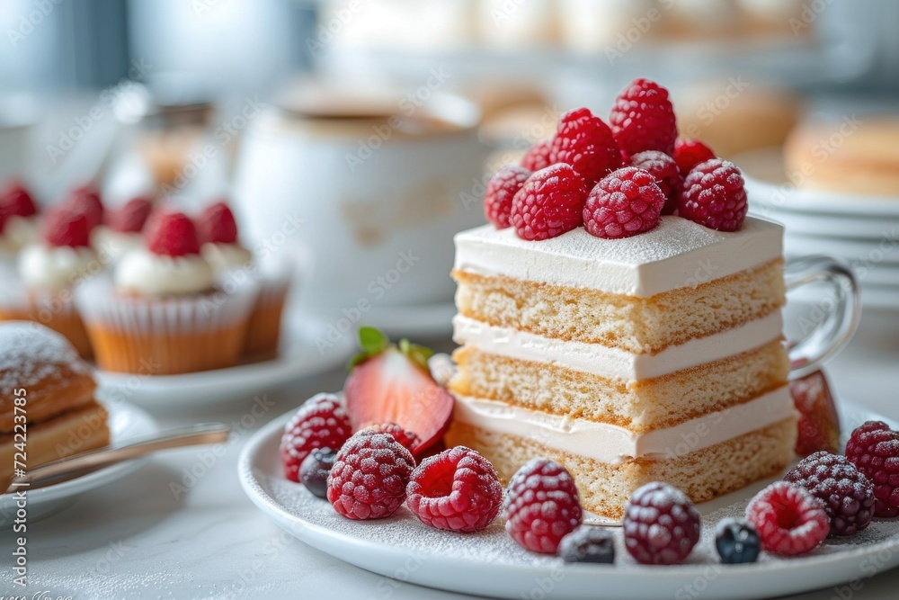 A piece of delicate cake topped with juicy berries against the background of exquisite tableware A piece of delicate cake topped with juicy berries against the background of exquisite tableware