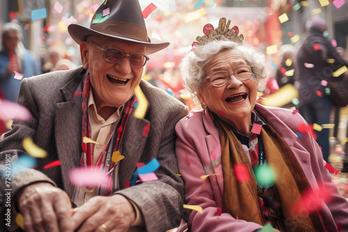 The 70 year old couple smiles at the carnival with confetti. Nice retired couple celebrating carnival laughing and enjoying the party.