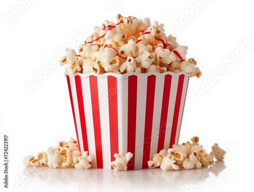 Red White Paper Popcorn Bucket Cinema Snack Isolated on White Background AI Generated