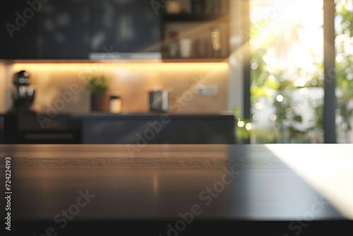 A black kitchen table surface with blurred modern kitchen on background