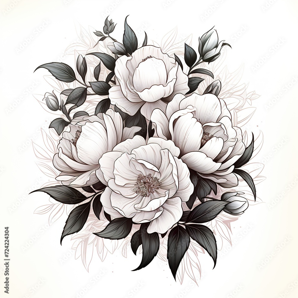 black and white floral illustration tattoo design decorative peonies flowers on white background black and white floral illustration tattoo design decorative peonies flowers on white background