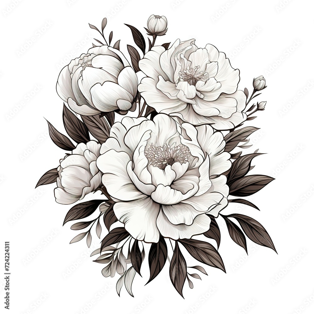 floral illustration tattoo design beautiful decorative peonies flowers on white background
