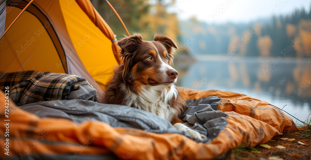 House dog accompanying its master and resting in a tent in a countryside landscape