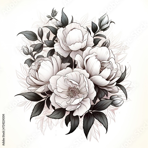 Fototapeta Naklejka Na Ścianę i Meble -  black and white floral illustration tattoo design decorative peonies flowers on white background