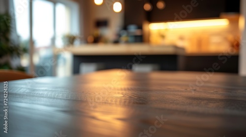 A dark kitchen table surface with blurred modern kitchen on background