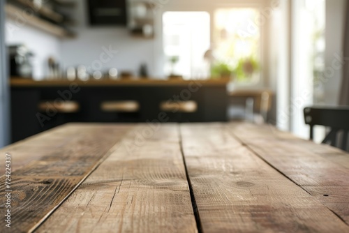 Close-up a modern kitchen table, embodying sustainable design with a soft-focus kitchen setting behind © mikeosphoto