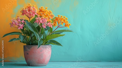Asclepias milkweed flower in pot on minimalist vivid background