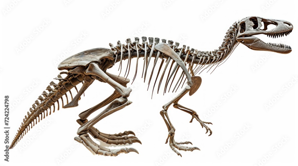 Naklejka premium Well preserved skeleton of a dinosaur in good condition on white background in high resolution and quality. fossils concept