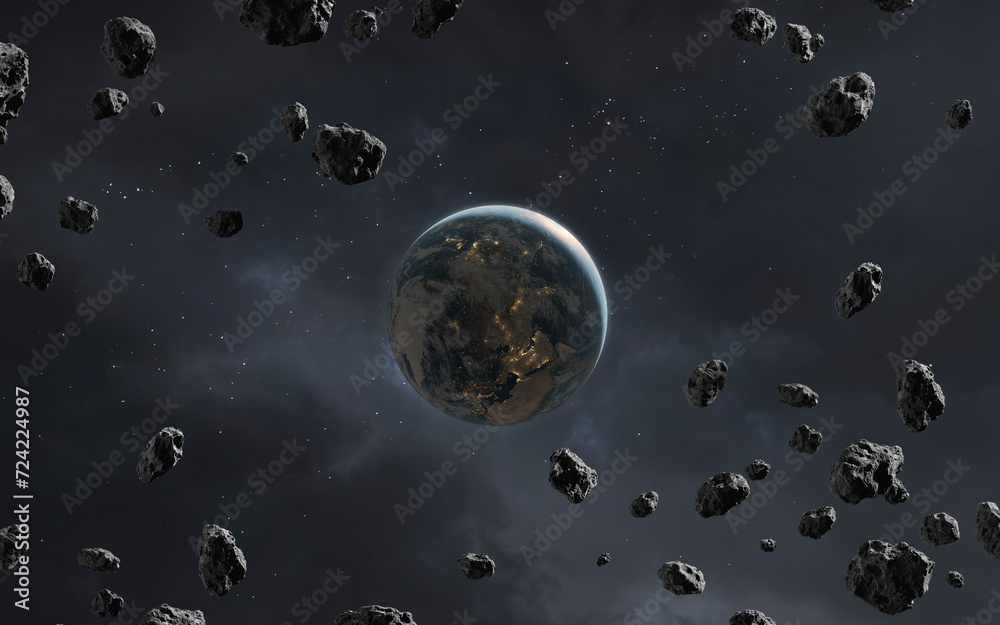 3D illustration of Earth planet and asteroid field. High quality digital space art in 5K - realistic visualization