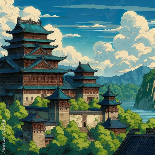 château majestueux asiatique près d'arbres avec un merveilleux ciel bleu et nuages blancs, un lac et une rivière en fond photo