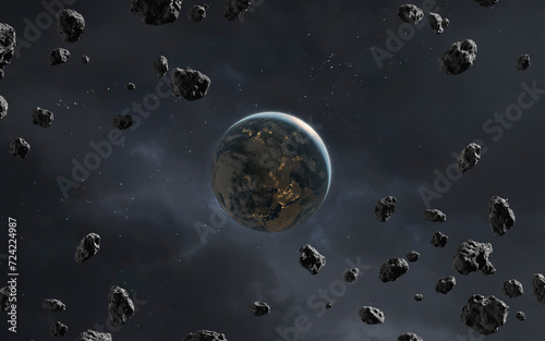 Obraz na płótnie 3D illustration of Earth planet and asteroid field. High quality digital space art in 5K - realistic visualization w salonie
