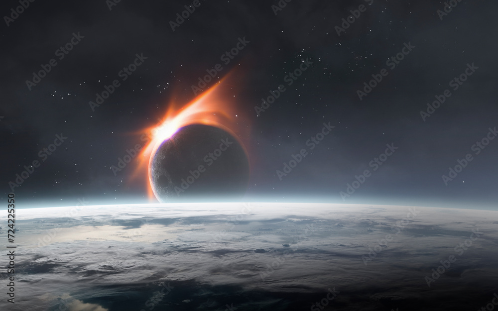 3D illustration of solar eclipse view from Earth planet. High quality digital space art in 5K - realistic visualization