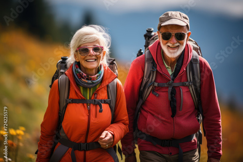 A pair of energetic seniors dons hiking gear, exploring scenic trails as they embark on a newfound passion for outdoor adventure, exemplifying the spirit of active. Generative Ai. photo
