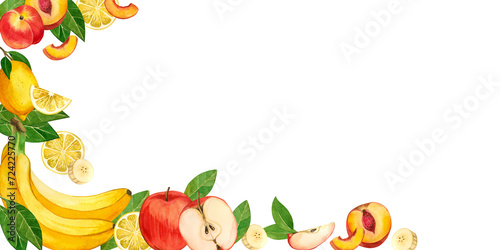 Fototapeta Naklejka Na Ścianę i Meble -  Ripe fruits. Watercolor illustration. Bright fruits apples, nectarines, bananas, green leaves, fruit slices hand drawn in watercolor. For printing on fabric and paper, for designing napkins and towels