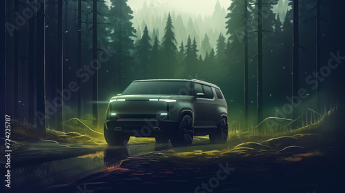 An illustration of a modern concept electric car SUV moving through the forest © CaptainMCity