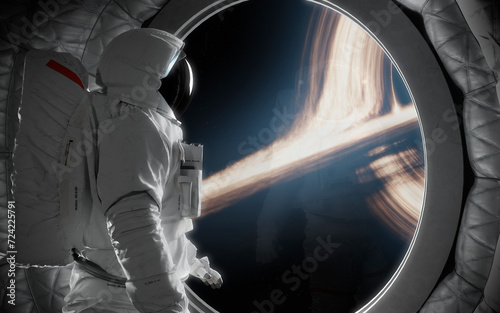 3D illustration astronaut looks at giant Black hole in deep space. High quality digital space art in 5K - realistic visualization photo