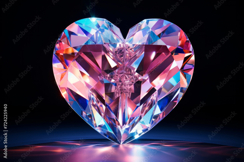 A dazzling sparkling crystal heart illuminated by blue and pink light reflections. Love concept A dazzling sparkling crystal heart illuminated by blue and pink light reflections. Love concept