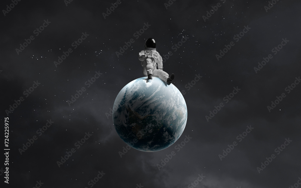 3D illustration of astronaut sitting on Earth planet. Solar system. High quality digital space art in 5K - realistic visualization