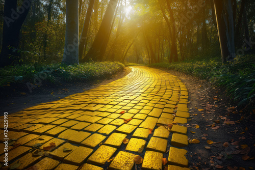 The yellow brick road leading through a forest like in the Wizard of Oz