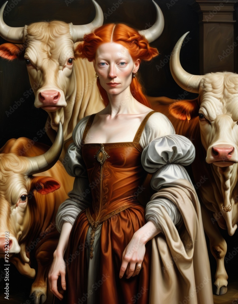 Surreal portrait of a woman with striking red hair and a Renaissance dress, flanked by attentive light brown cows against a dark background.
