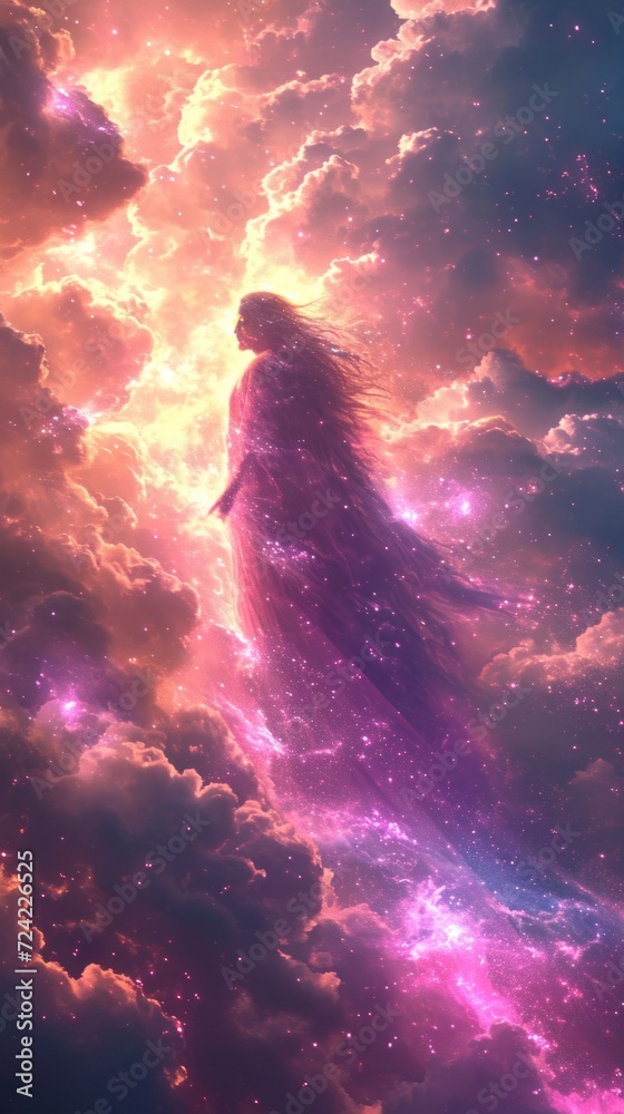 Fototapeta premium God in vibrant clouds. Shining heaven. Ethereal cosmic figure with starry aura in mystical sky of purple hues with luminous sparks. Concept of mystery, celestial being, religion, fantasy art. Vertical
