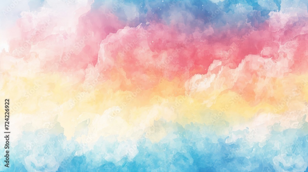 Watercolor illustration of colorful clouds of pink, purple, blue, red, yellow pastel colors. Abstract beautiful sky background. Copy Space. For banner, poster, postcard, greeting. Kids backdrop