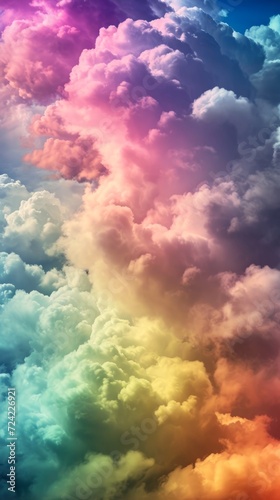 Softly lit clouds of radiant rainbow colors. Abstract beautiful sky. Magic heaven. Concept of calming background, nature, minimalist design, sunrise, dreamscape. Vertical format © Jafree