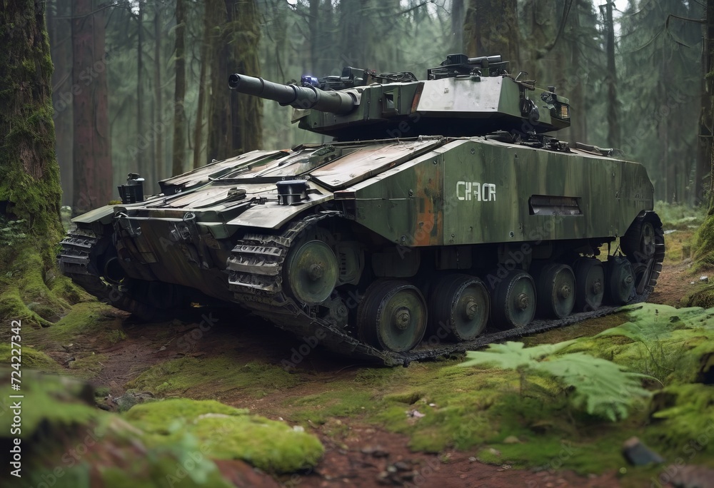 tank parked in a forest, with foliage growing around it