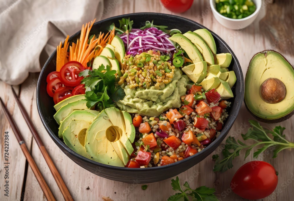 Healthy salad bowl with quinoa, tomatoes, chicken, avocado, lime and mixed greens, lettuce, parsley on wooden background top view. Food and health. Healthy salad bowl with quinoa, tomatoes, chicken, avocado, lime and mixed greens, lettuce, parsley on wooden background top view. Food and health.