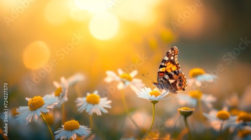 Beautiful wildflowers daisy, purple wild pea, butterfly in nature close-up macro morning misty. Landscape large format, copy space, cool blue tones. Delightful pastoral airy artistic image. © Jalal