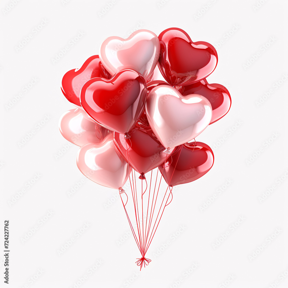 A Cluster of Glossy Heart-Shaped Balloons in Hues of Red and Pink isolated on white background