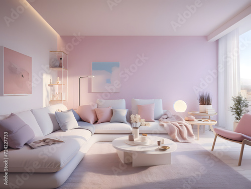 Pastel pink   blue living room interior with large couch
