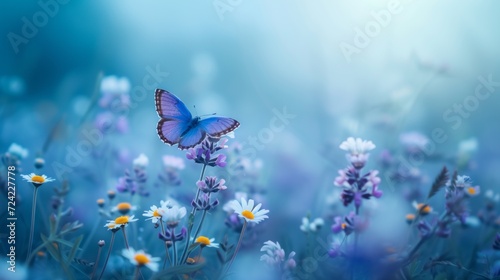 Beautiful wildflowers daisy, purple wild pea, butterfly in nature close-up macro morning misty. Landscape large format, copy space, cool blue tones. Delightful pastoral airy artistic image. © Jalal